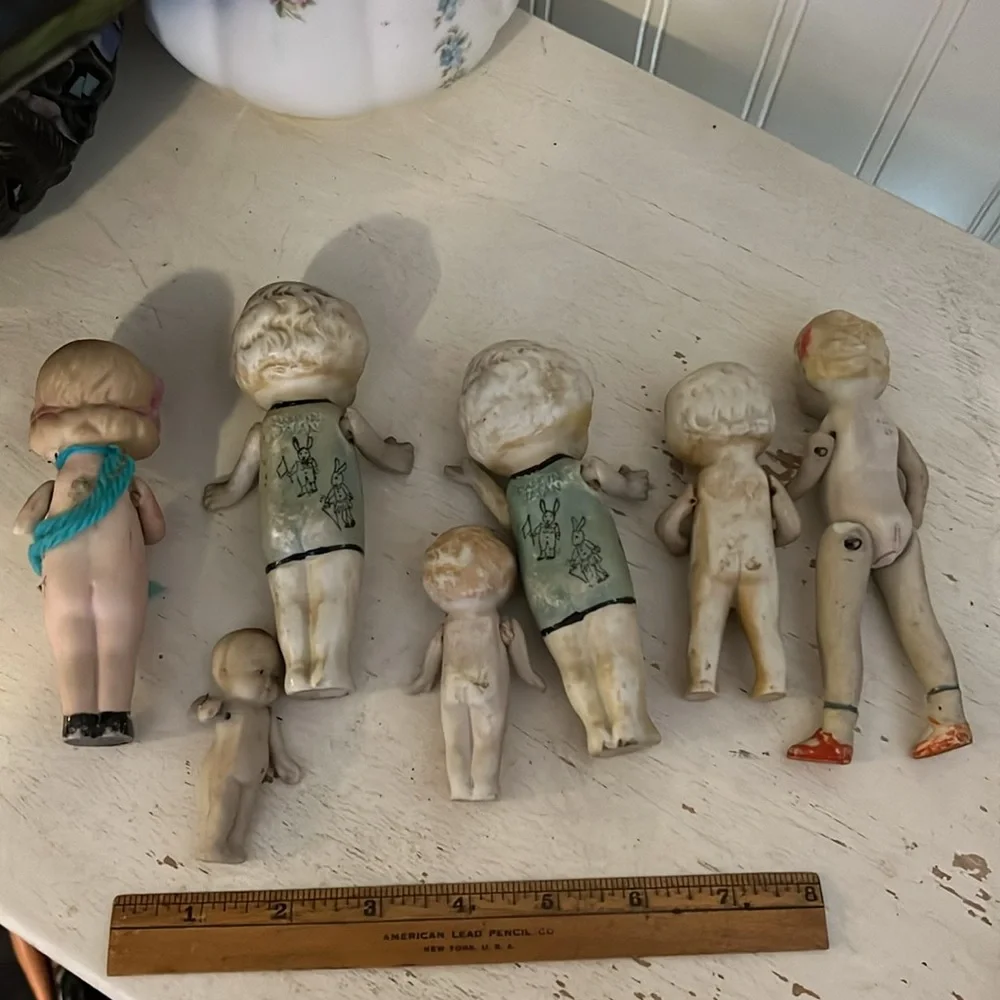 Lot Antique bisque jointed & strung Japan dolls miniature